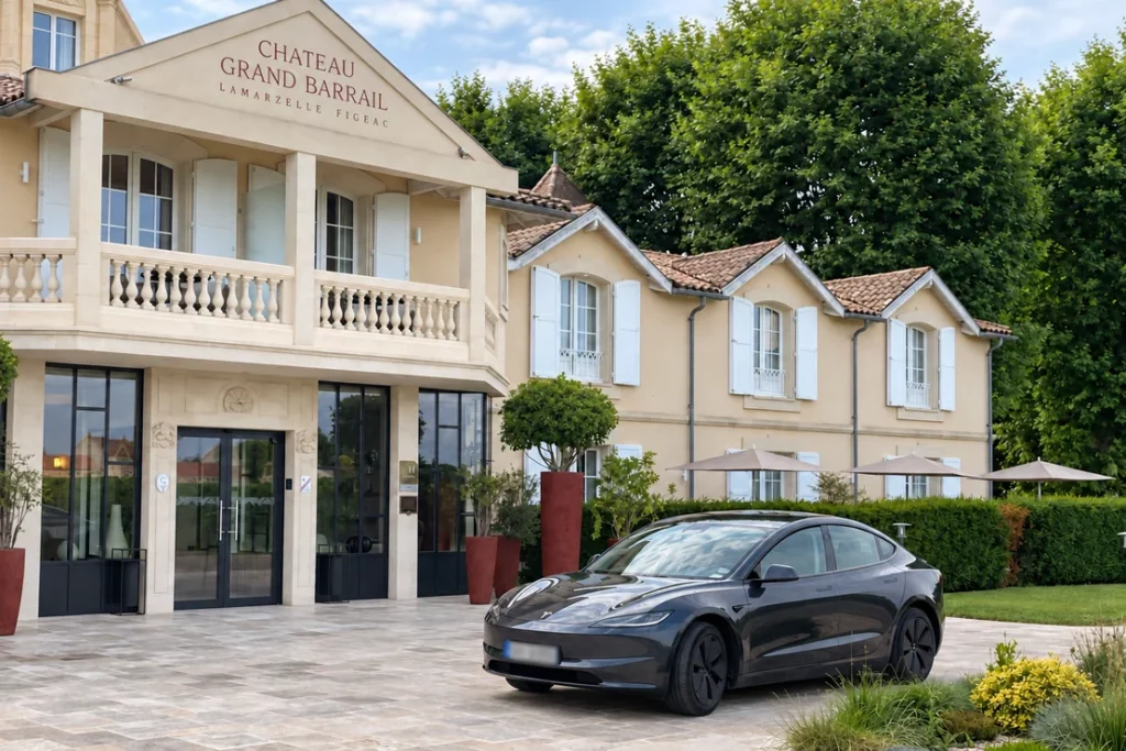 Tesla graphite devant l’entrée du Château Grand Barrail et sa façade claire.