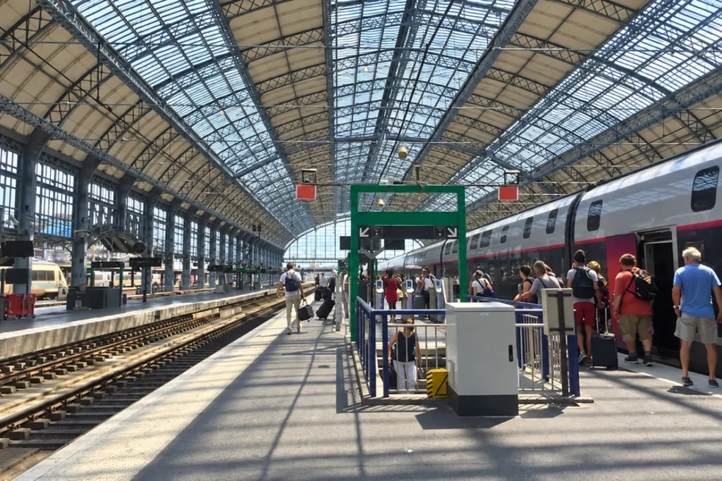 Train à quai et voyageurs sous une grande verrière de gare.