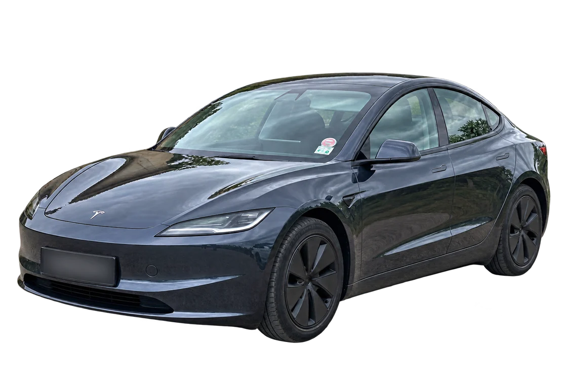 Tesla Model 3 graphite présentée de trois quarts avant sur fond transparent.
